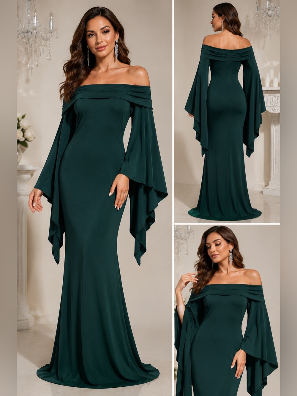 Emerald Green Off Shoulder Batwing Sleeve Maxi Formal Dress Size S